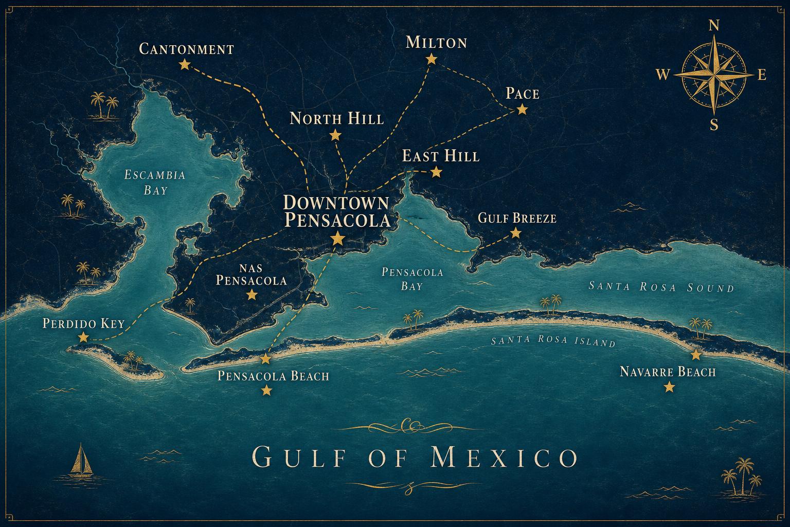 Illustrated map of Pensacola and the Gulf Coast showing Perdido Key, Pensacola Beach, Gulf Breeze, Navarre, Milton, Pace, Cantonment and downtown neighborhoods